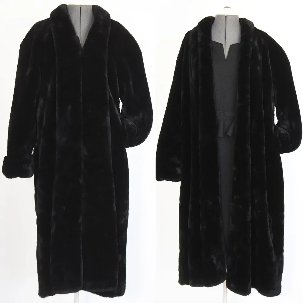 Black Long Plush Faux Fur Coat London Fog Winter Outerwear Coat Full Length 10 - Picture 1 of 9